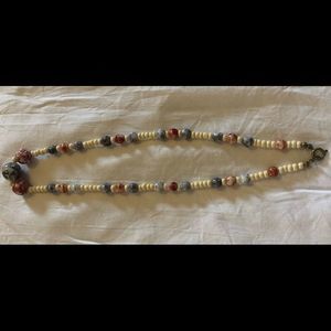 Glass bead necklace red, blue, off white marble look